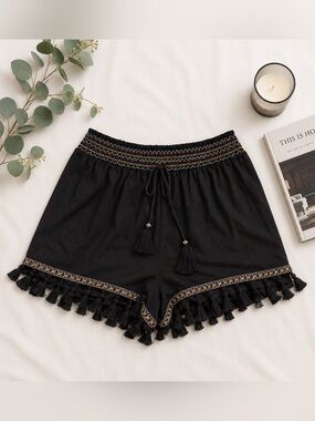 NWT Cupshe Black Boho Tassel Shorts | Size M | Embroidered Trim